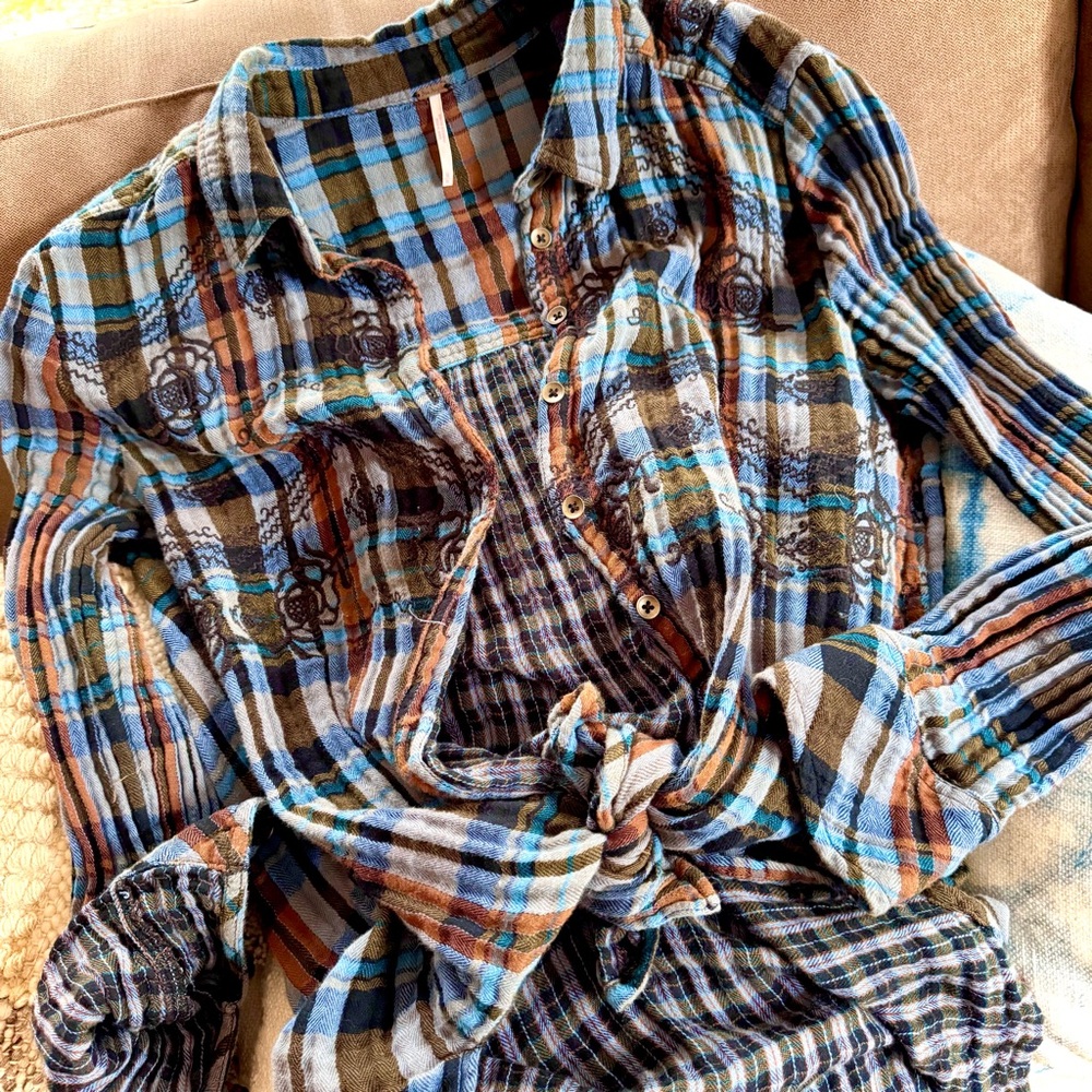 FREE PEOPLE flannel button down shirt, blue plaid, embroidered, cotton, western